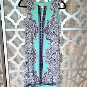 Studio One Blue and White Sheath Dress Sleeveless Crew Neck Midi